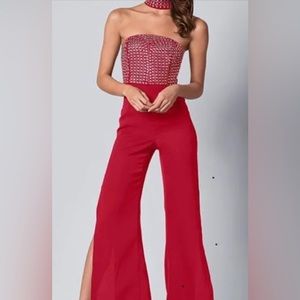 Venus Jumpsuit - Red with rhinestone bodice & neck. Side slit pant legs.